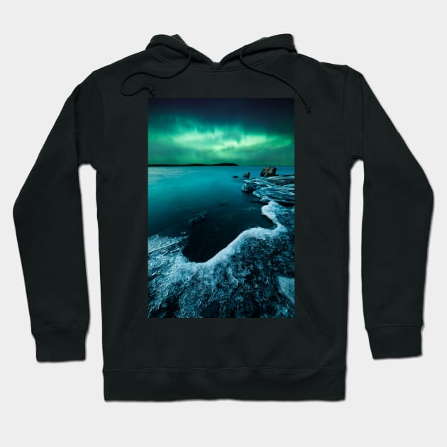 Ice on the lake shore and northern lights landscape Hoodie by Juhku